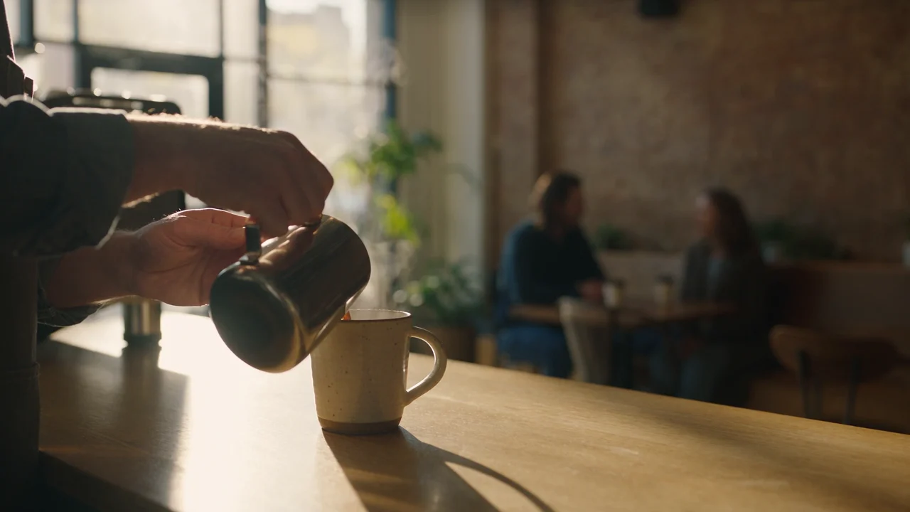 A barista pouring coffee into a ceramic cup.